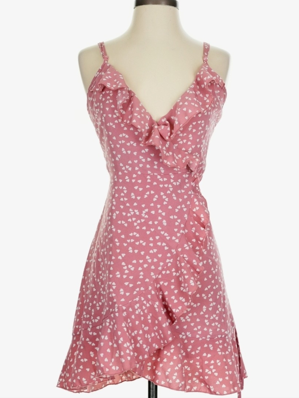 Pink Ruffle Heart Print Wrap Dress